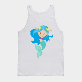 Cute Mermaid, Little Mermaid, Starfish, Blue Hair Tank Top